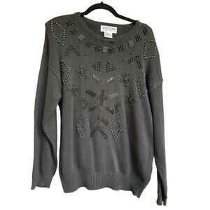 Vintage 80s Western Connection Large Black Beaded Knit Sweater, Relaxed Fit